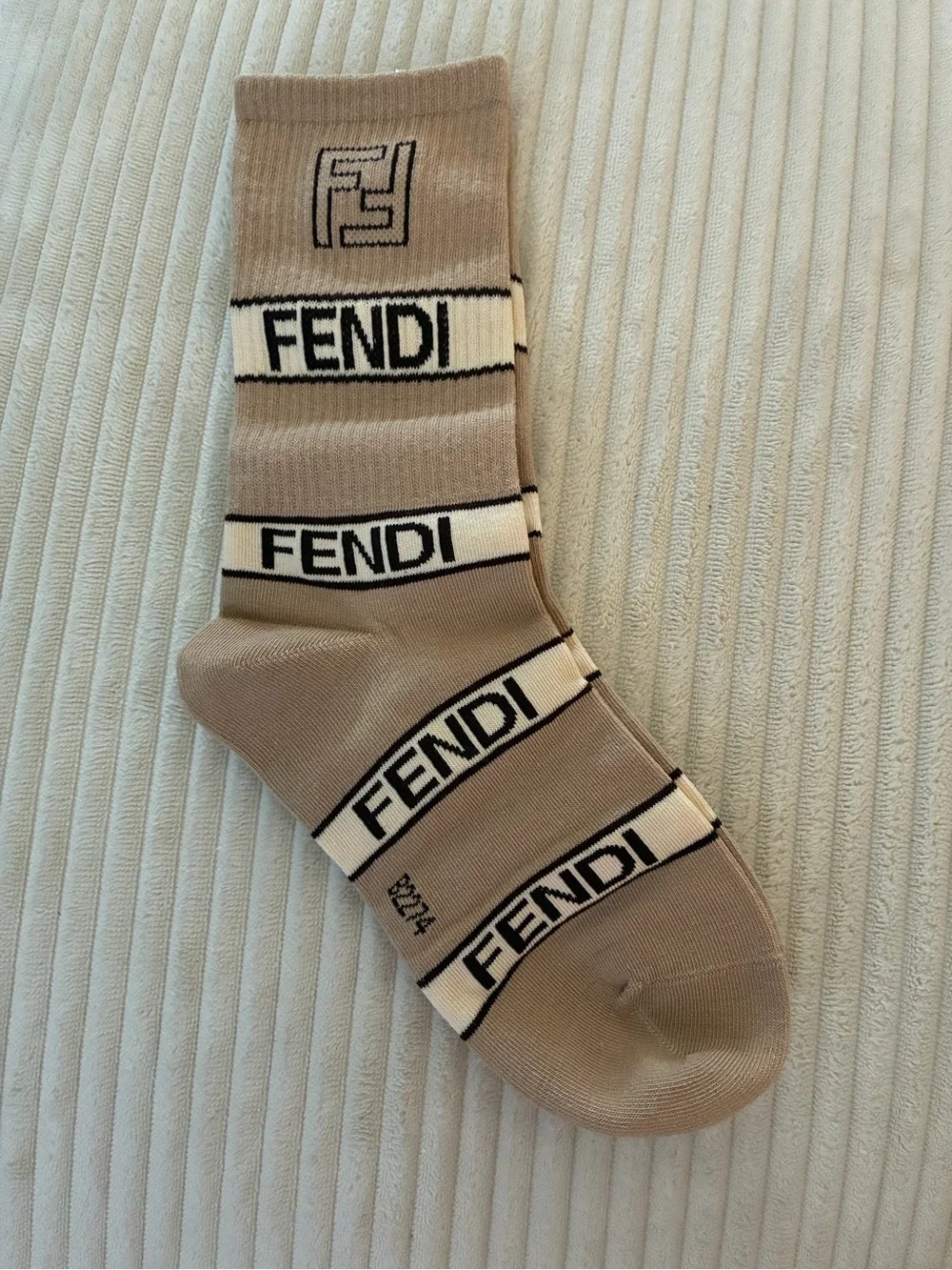 Fendi Beige Crew Socks with Black Logo Stripes